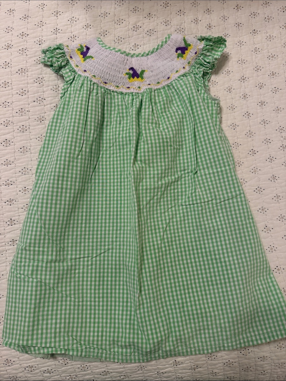 Green Gingham Smocked Dress with Embroidered Detail